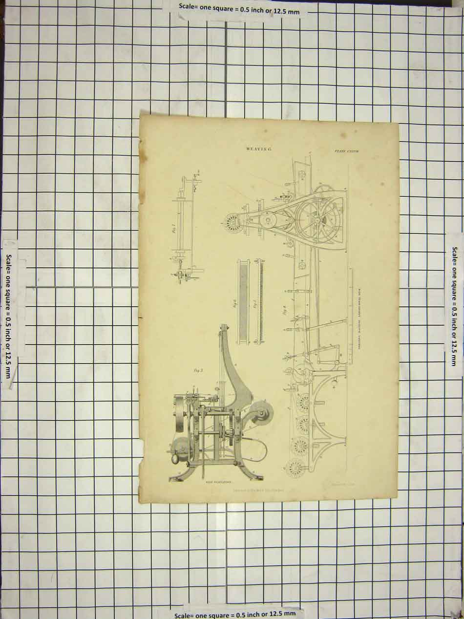 Original Old Antique Print Weaving Machine Dressing Longitudinal Machinery 19th