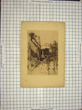 Original Old Antique Print Sepia Street Scene Houses Town Trees