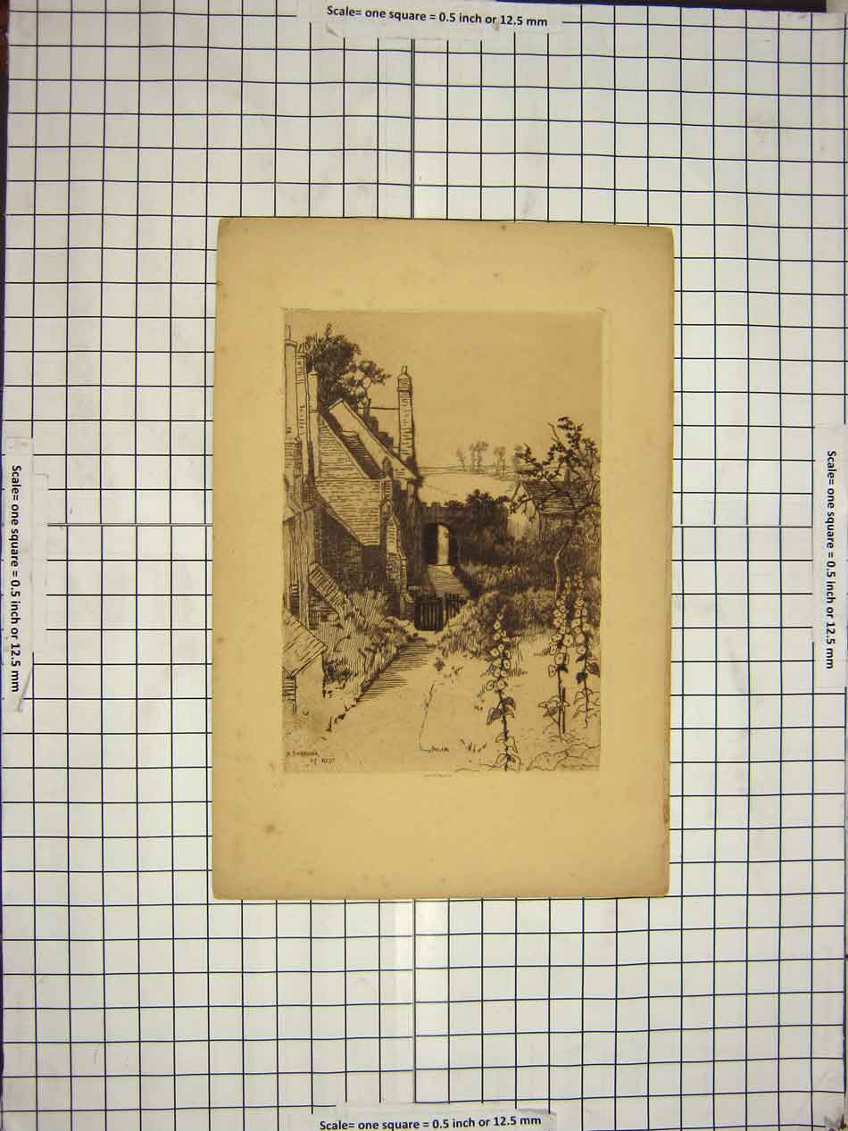 Original Old Antique Print Sepia Street Scene Houses Town Trees