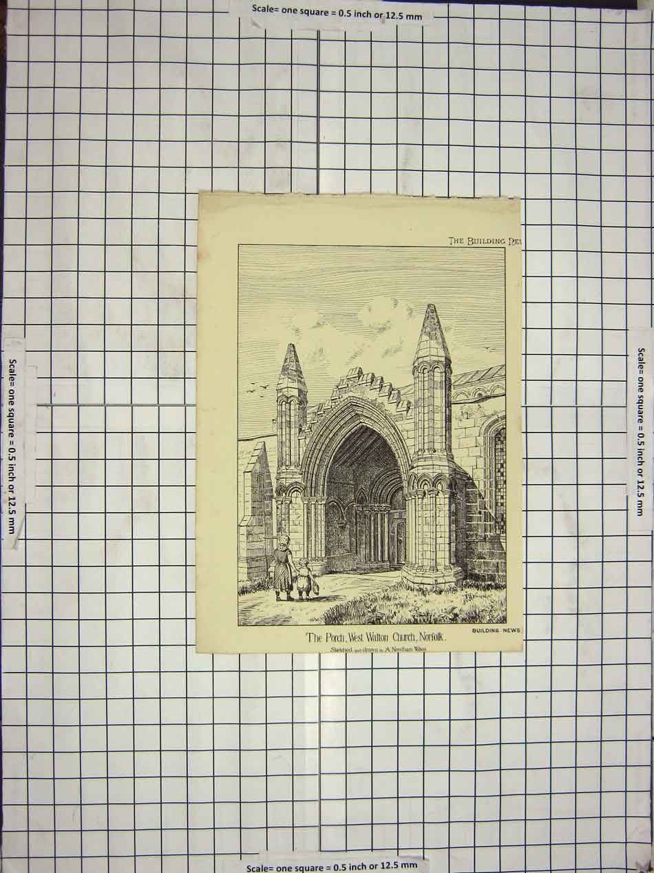 Original Old Antique Print Porch West Walton Church Norfolk Wilson Drawing