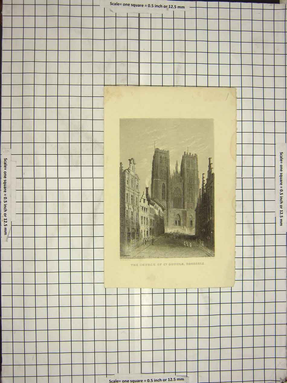 Original Old Antique Print Bartlett Payne Engraving Church St. Gudule Brussels