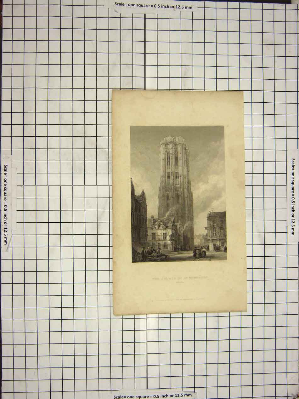 Original Old Antique Print Roberts Keux Engraving Church St. Rembauld Mechlin