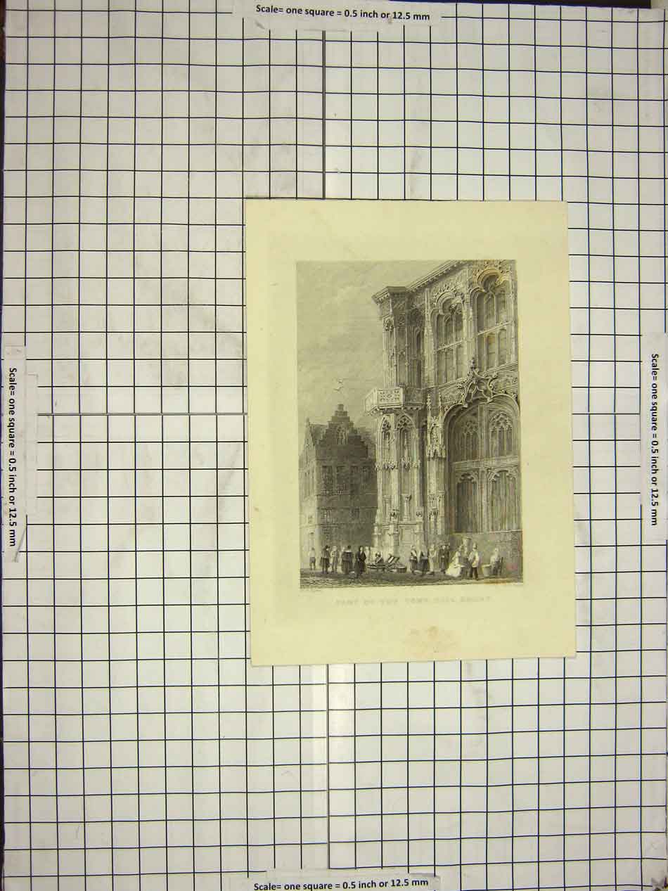 Original Old Antique Print Bartlett Payne Engraving View Part Town Hall Ghent