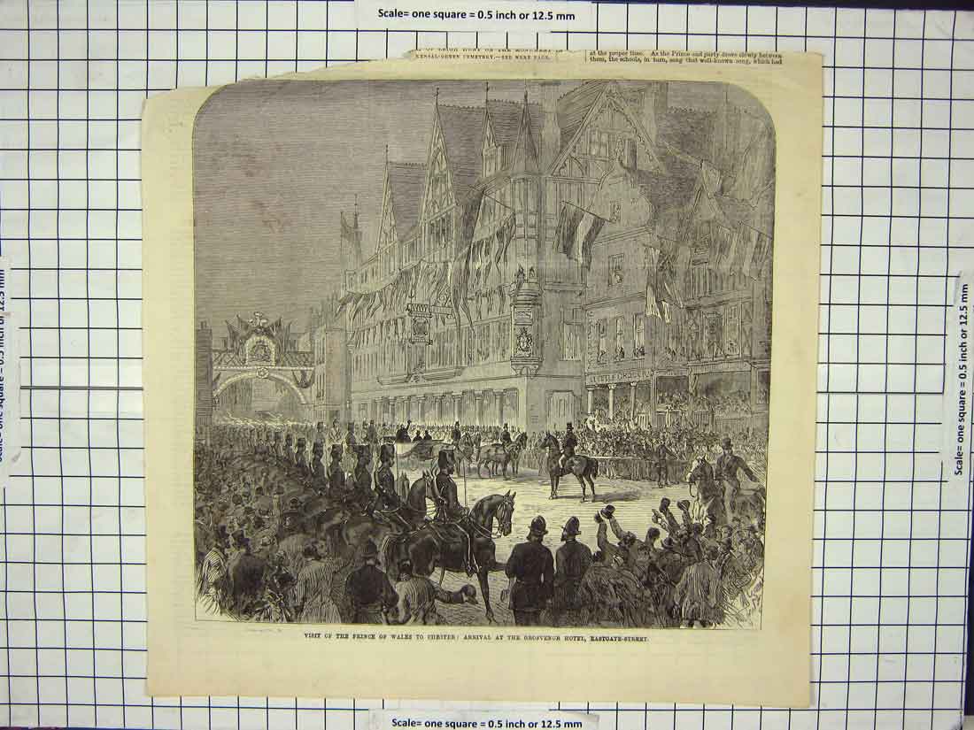 Original Old Antique Print Prince Wales Chester Grosvenor Hotel Eastgate Street