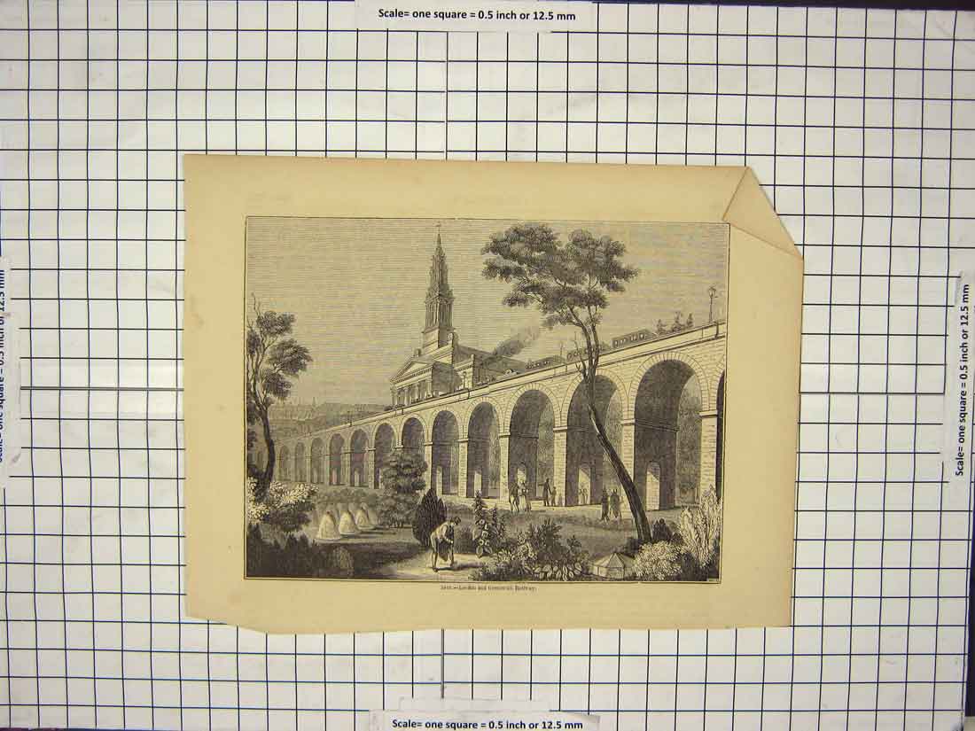 Original Old Antique Print View London Greenwich Railway Train Viaduct England