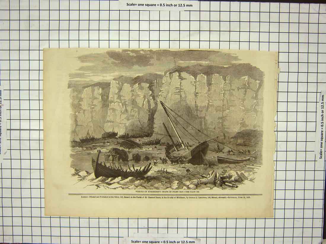 Original Old Antique Print Ship Wreck Fishermens Boats Filey Bay 1860 Fishing