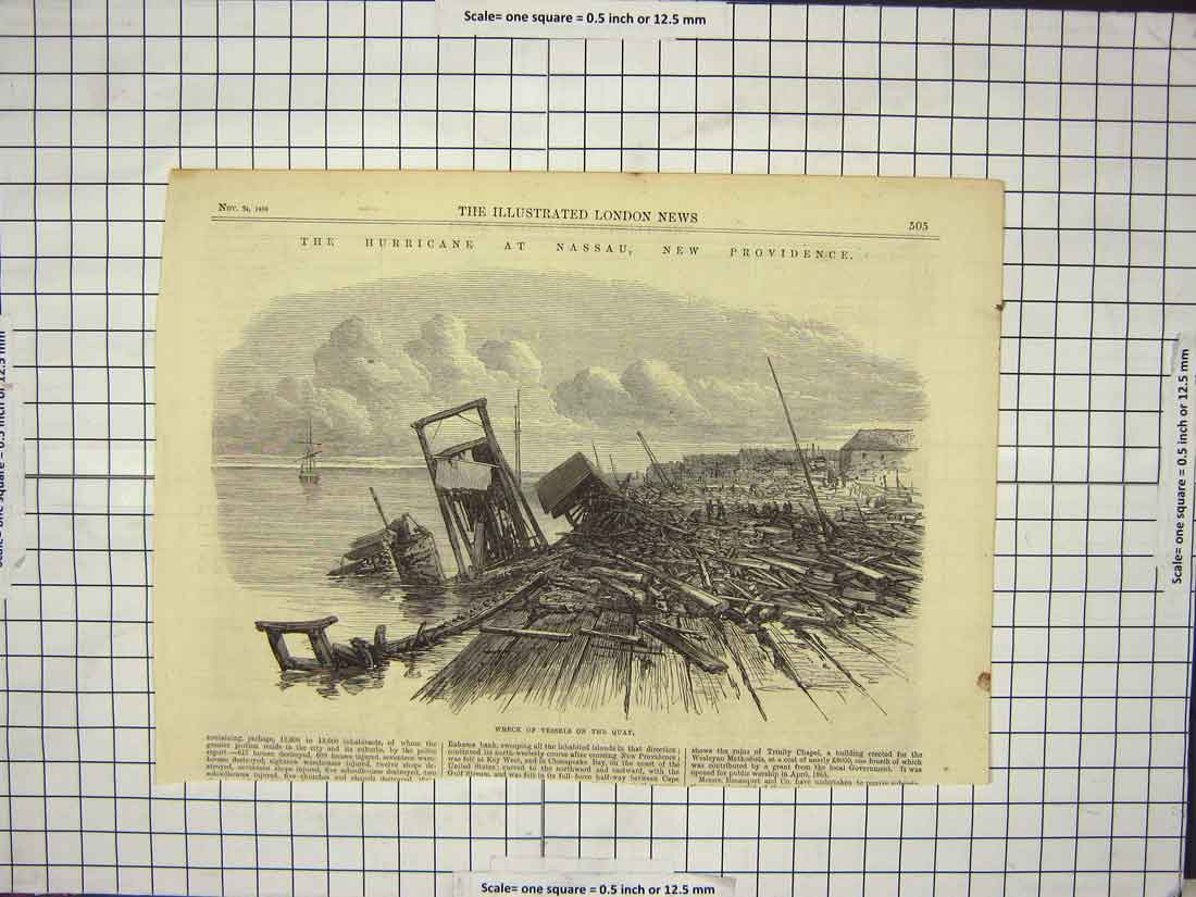 Original Old Antique Print 1866 Hurricane Nassau Providence Ship Wrecks Quay