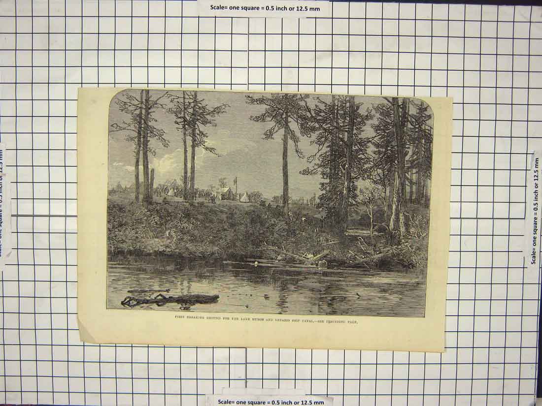 Original Old Antique Print Lake Huron Ontario Ship Canal Canada Camp Trees