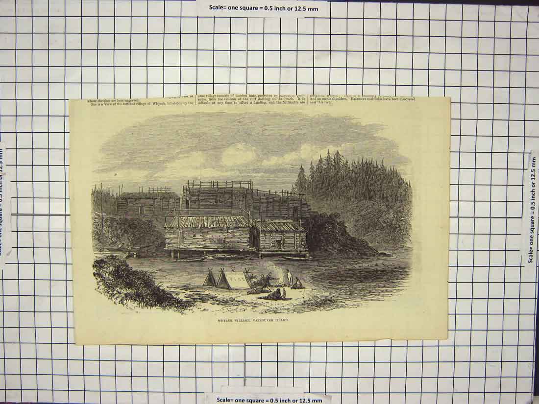 Original Old Antique Print View Whyack Village Vancouver Island Canada Camp