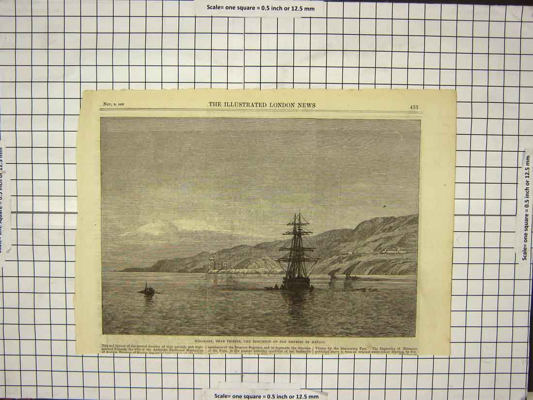 Original Old Antique Print 1866 View Miramare Trieste Residence Empress Mexico