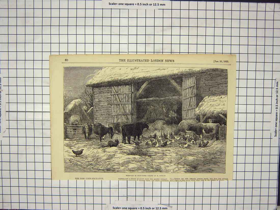 Original Old Antique Print 1855 Scene Farmyard Snow Winter Animals Barn 19th