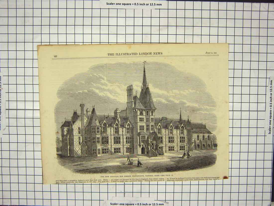 Old Antique Print 1865 Hospital French Protestants Victoria Park London 19th