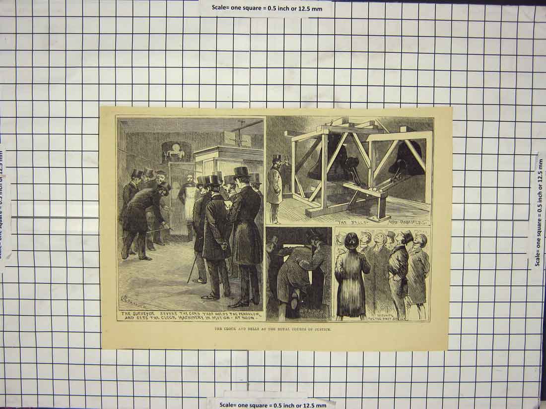 Original Old Antique Print Clock Bells Royal Courts Justice Surveyor Pendulum