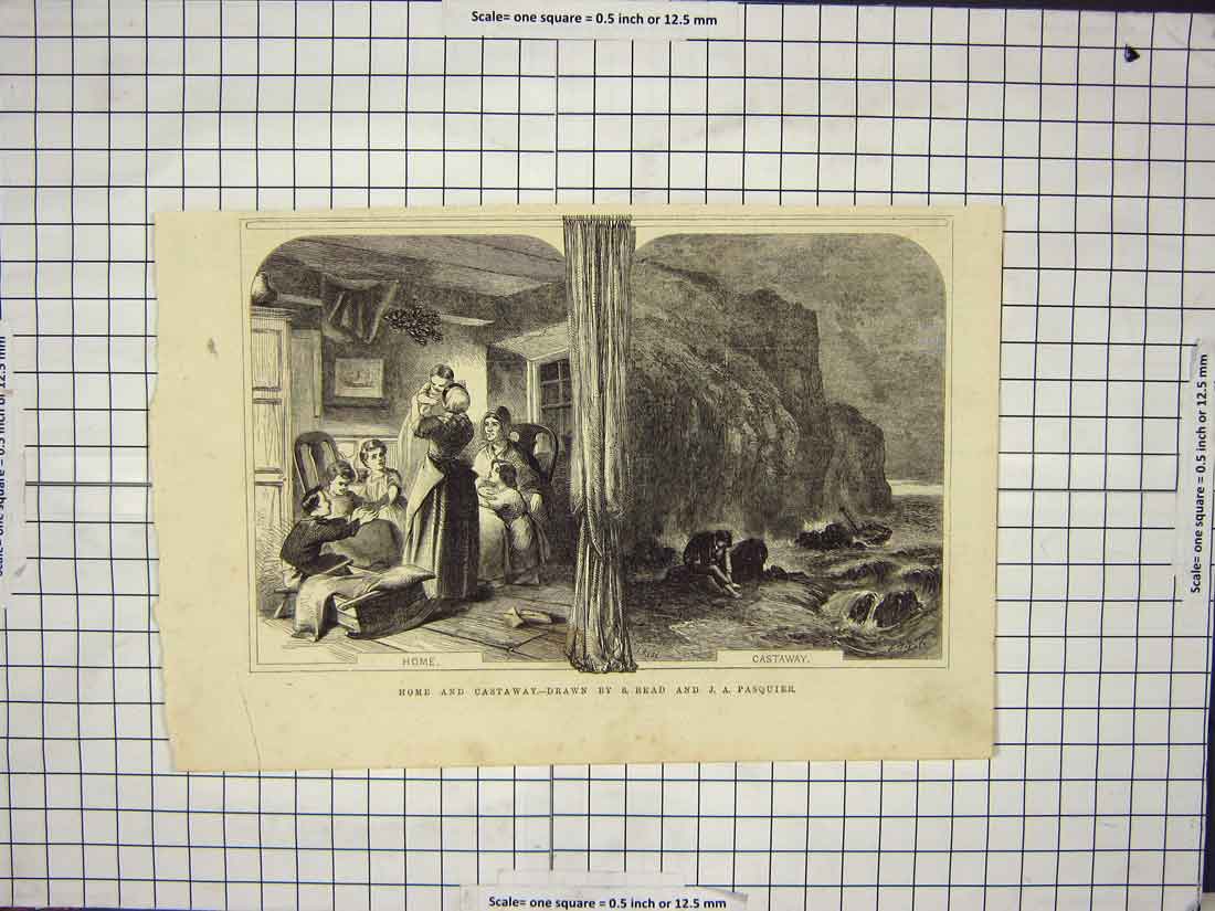 Original Old Antique Print Family Home Scene Christmas Castaways Sea Cliffs