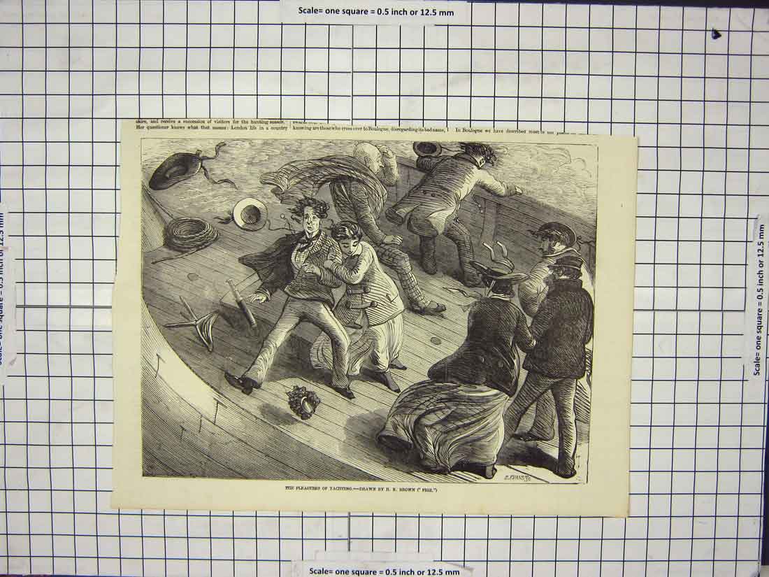 Original Old Antique Print Pleasures Yachting Passegers Stormy Sea