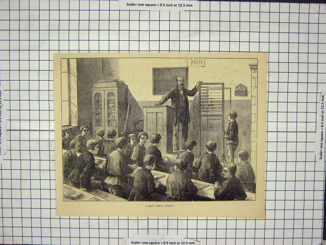 Original Old Antique Print Scene Boys School Berlin Germany Teacher