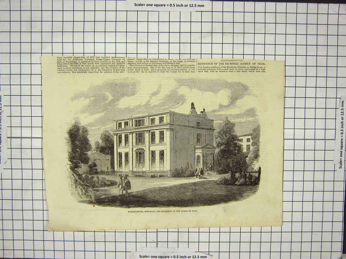 Original Old Antique Print Harley House New-Road Residence Queen Oude Building