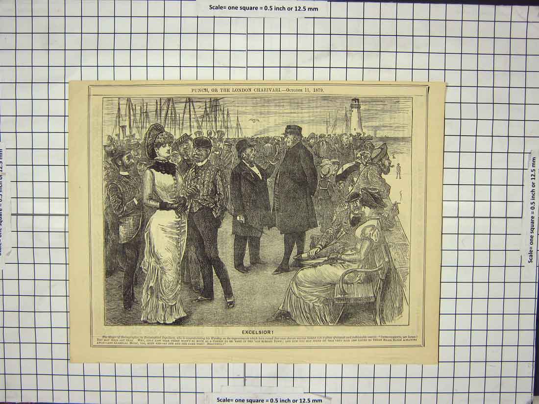 Original Old Antique Print 1879 Mayor Shrimpington Ships Passengers Victorian