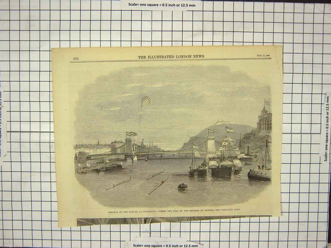 Original Old Antique Print 1865 Regatta Danube Buda-Pesth Emperor Austria Ships