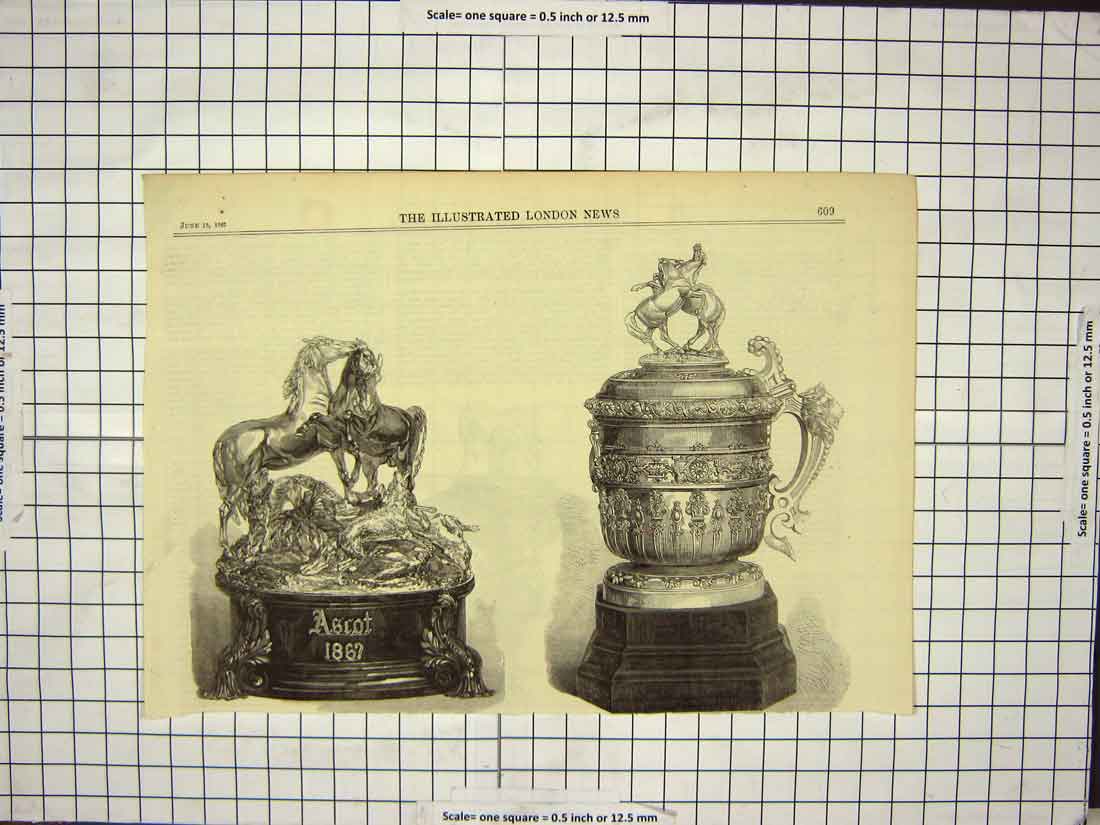 Original Old Antique Print 1867 Ascot Race Cup Prize Plate Sport Horse Racing