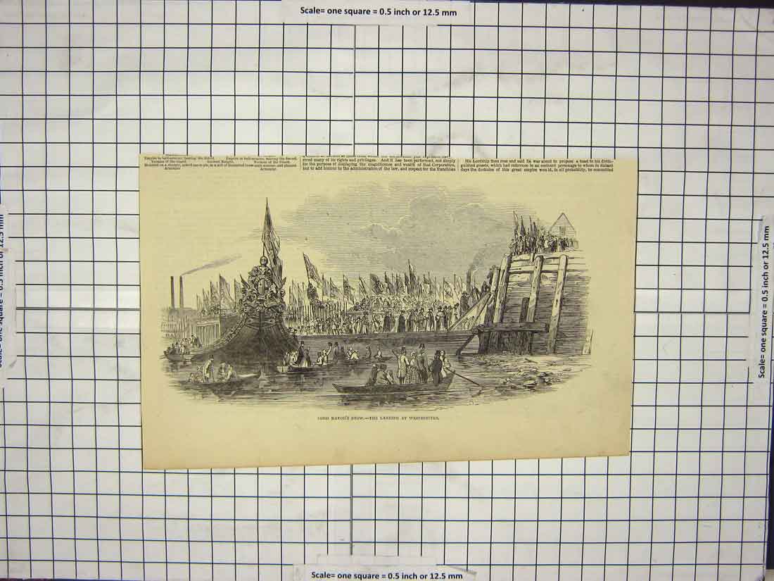 Original Old Antique Print Lord Mayors Show Boat Landing Westminster London