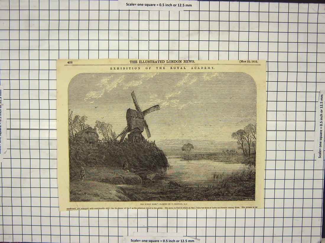 Old Antique Print 1852 Sunset Scene Windmill Lake Fishing Boat Fine Art 19th
