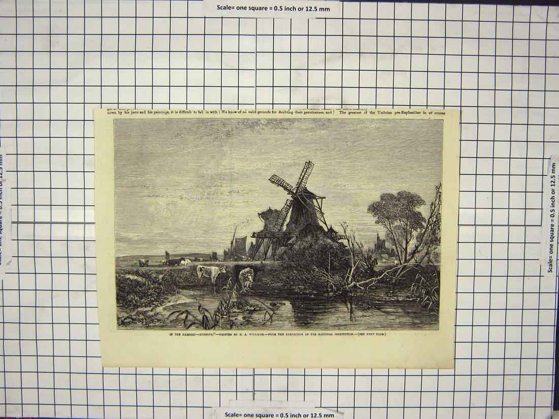 Original Old Antique Print Scene Marshes Windmill Cows Horses Lake Fine Art