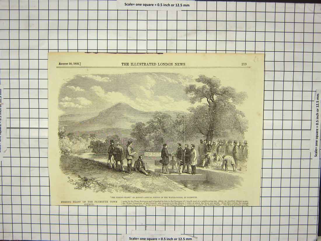 Old Antique Print 1856 Fishing Feast Mayor Annual Survey Plymouth Council 19th