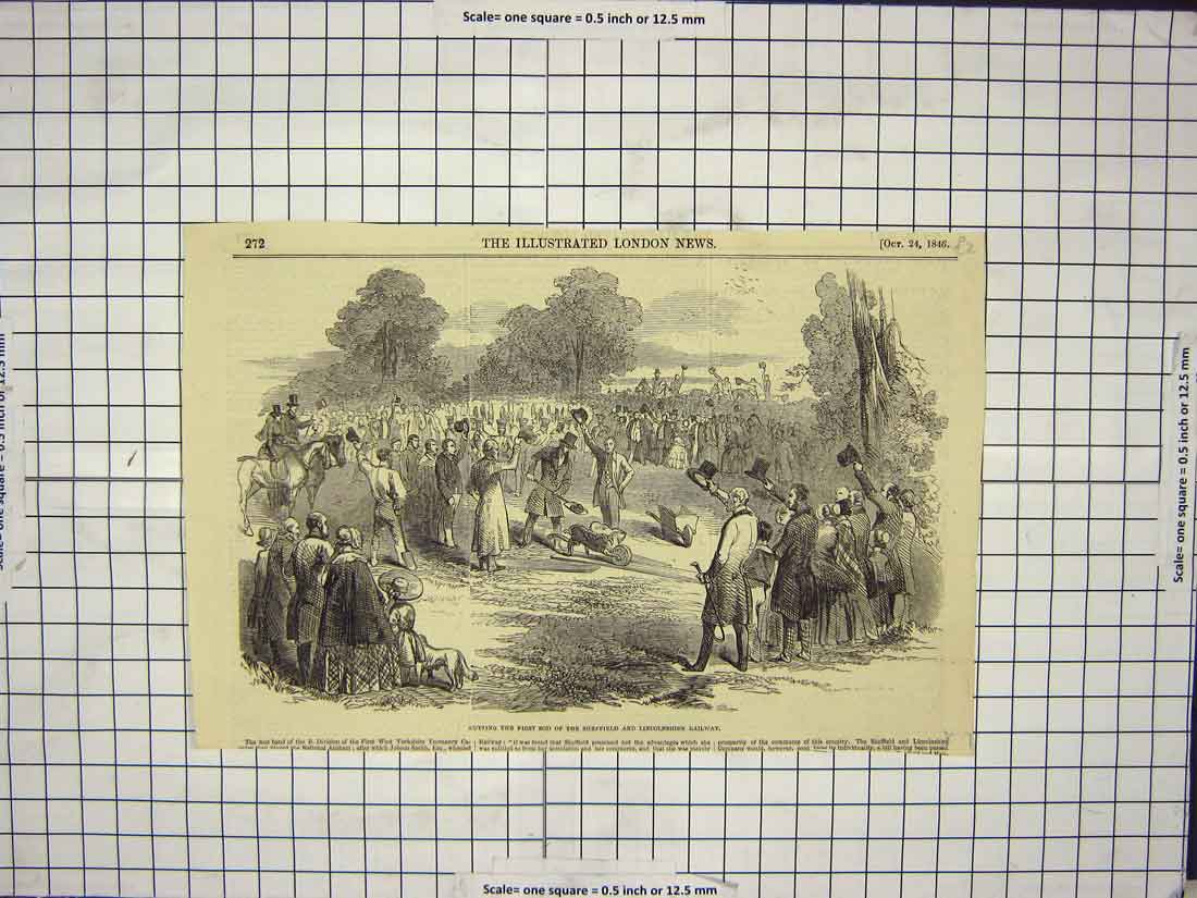 Old Antique Print 1846 Scene Cutting Sod Sheffield Lincolnshire Railway 19th