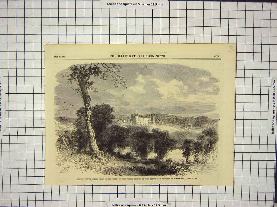 Original Old Antique Print 1865 Floors Castle Kelso Duke Roxburghe Prince Wales