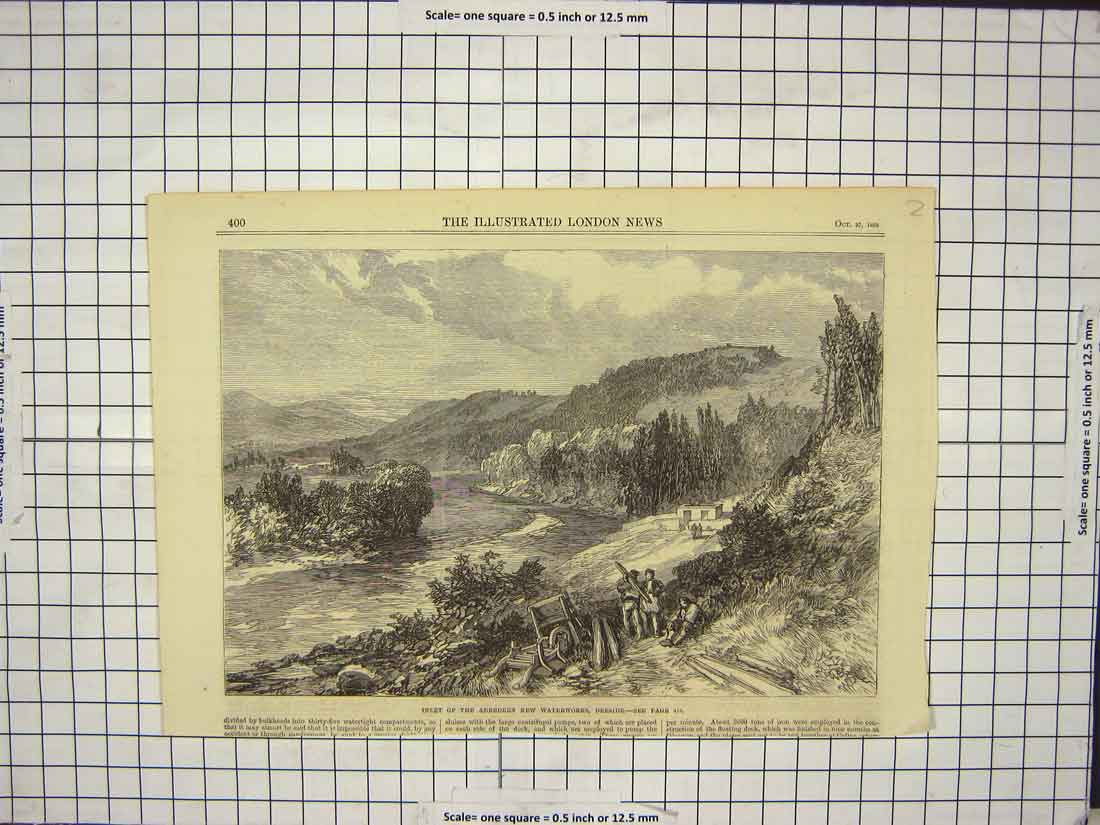 Old Antique Print 1866 River Inlet Aberdeen Waterworks Deeside Scotland 19th