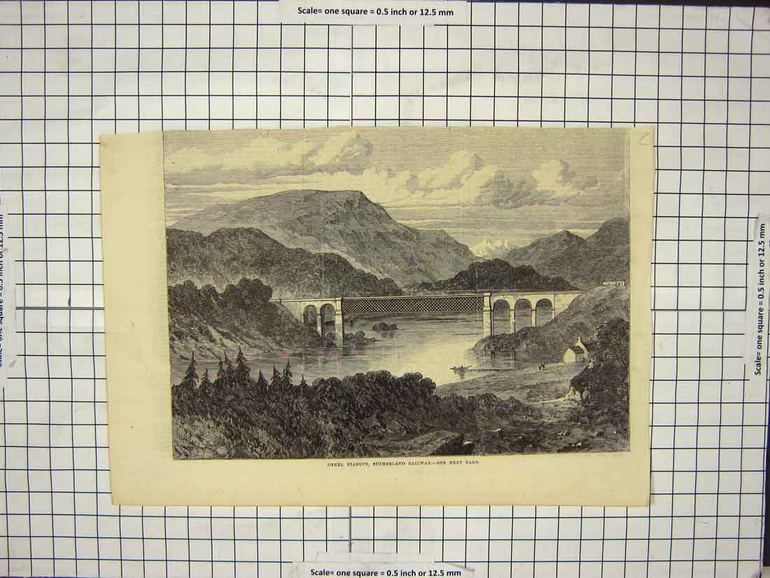 Original Old Antique Print Oykel Viaduct Sutherland Railway Scotland Mountains