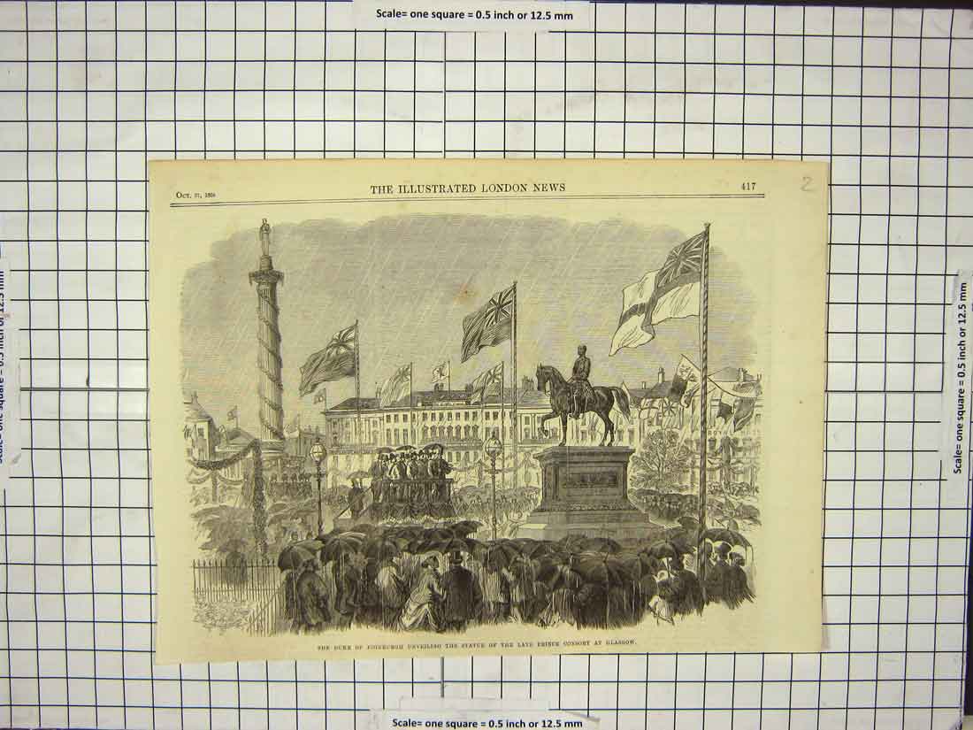 Original Old Antique Print 1866 Duke Edinburgh Statue Prince Consort Glasgow