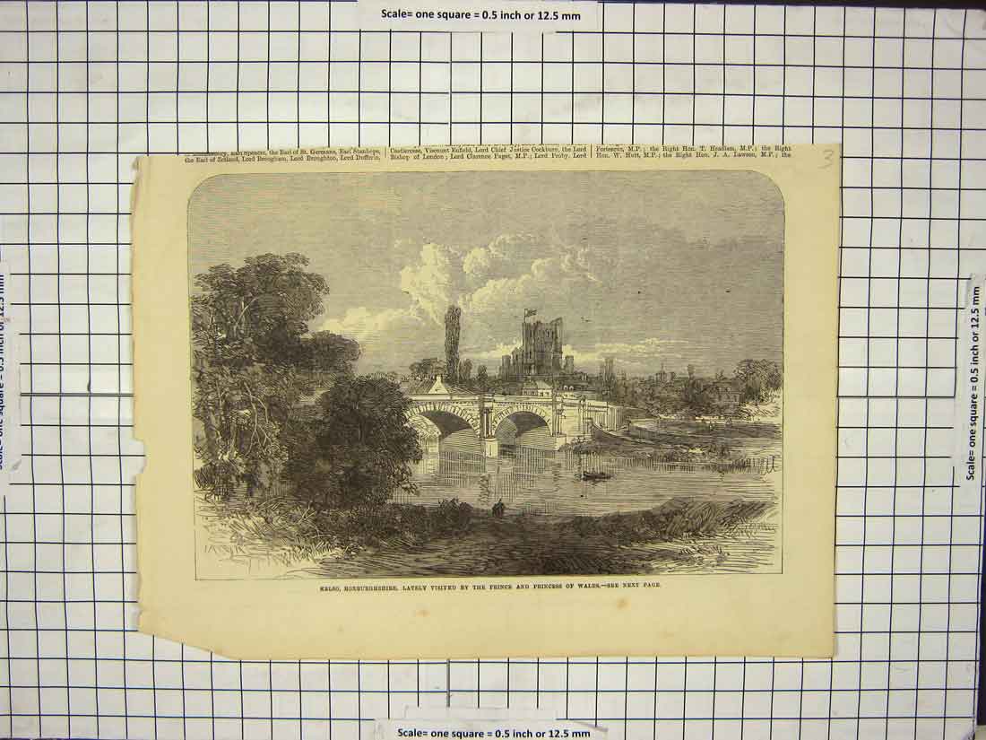 Old Antique Print Kelso Roxburghshire Prince Wales River Birdge Scotland 19th