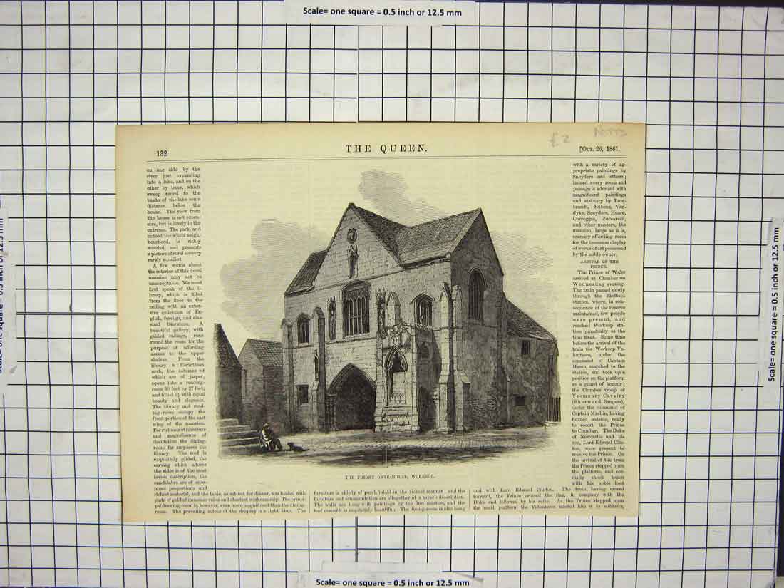 Old Antique Print 1861 Priory Gate-House Worksop Nottinghamshire England 19th
