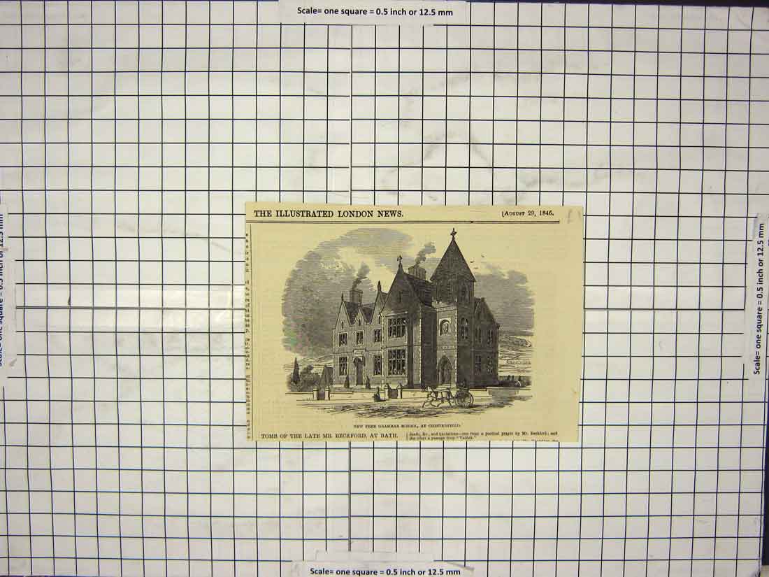 Original Old Antique Print 1846 Free Grammar School Chesterfild England 19th