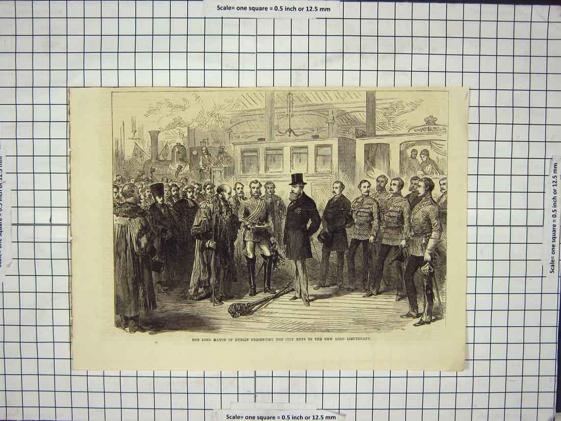 Original Old Antique Print Lord Mayor Dublin City Keys Lord Lieutnant Ireland