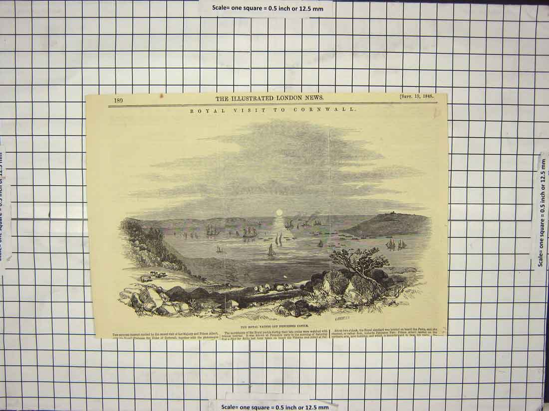 Original Old Antique Print 1846 Royal Yachts Pendennis Castle Cornwall England