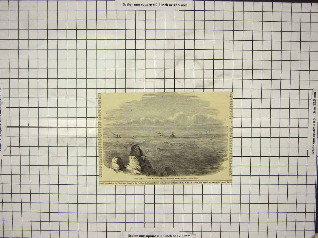 Original Old Antique Print Royal Yacht Passing Longships Lighthouse Lands-End