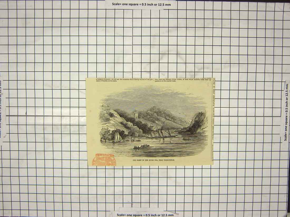 Original Old Antique Print Fairy River Fal Tregothnan Ships Boats Mountains