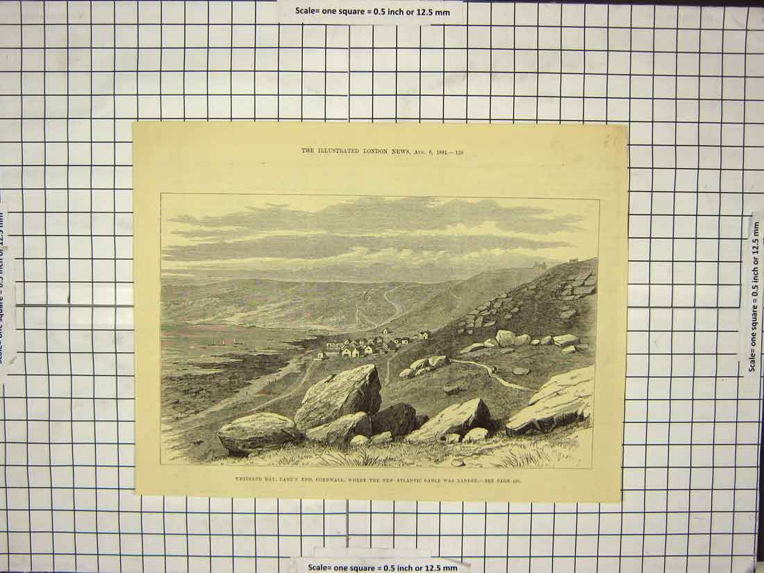 Original Old Antique Print 1881 Whitsand Bay Land'S End Cornwall Atlantic Cable
