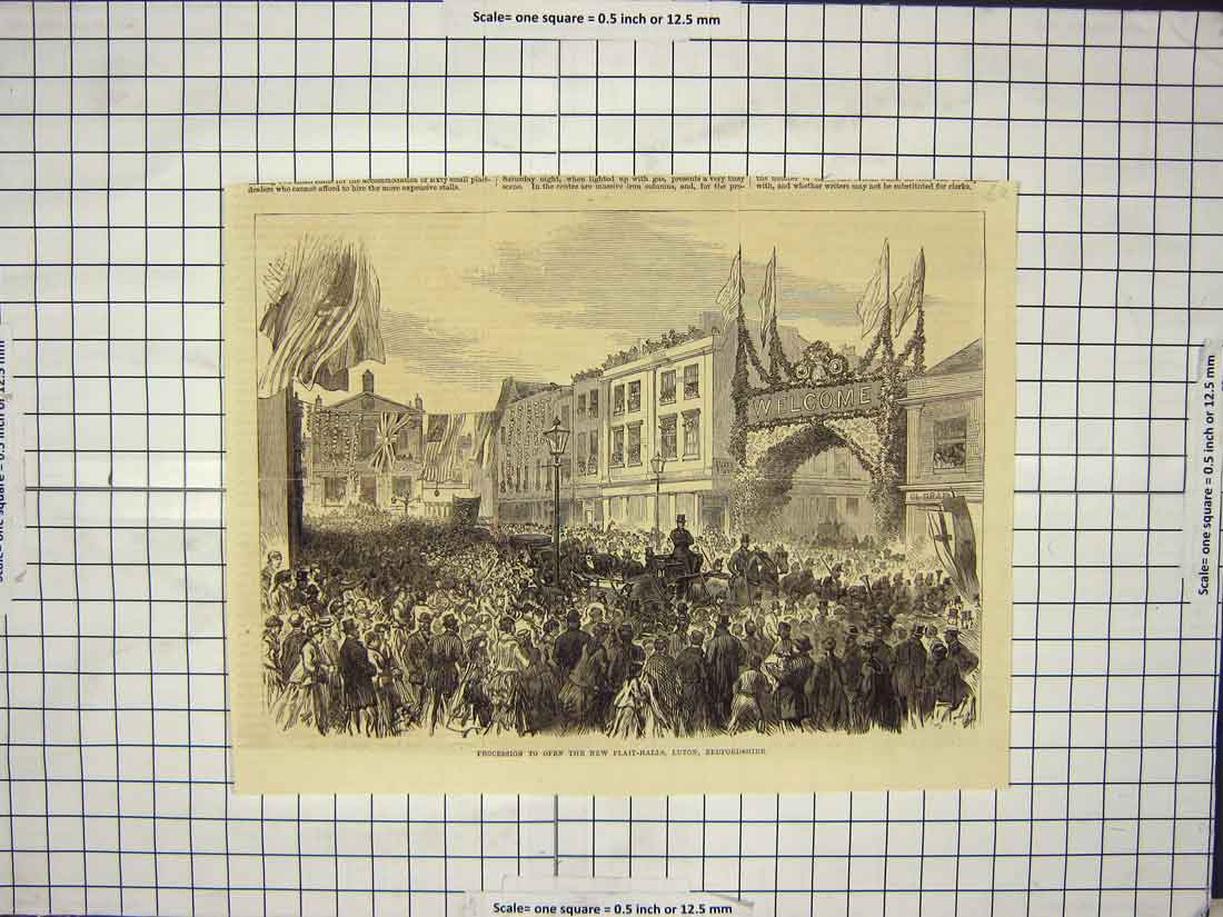 Old Antique Print Procession New Plait-Halls Luton Bedfordshire England