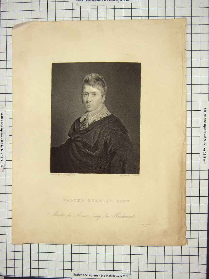 Original Old Antique Print Portrait Walter Burrell Sussex Parliament Jenkins