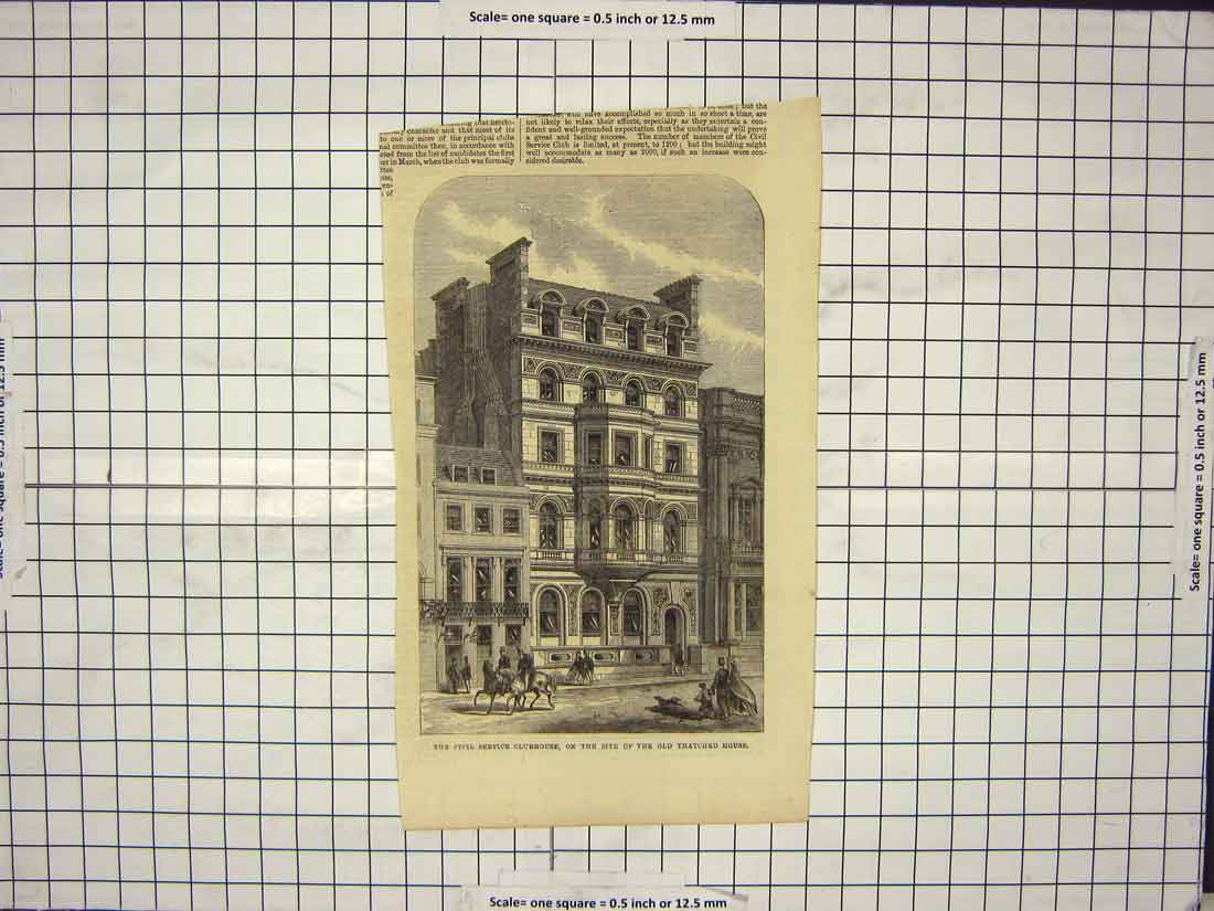 Original Old Antique Print Civil Service Clubhouse Thatched House Architecture