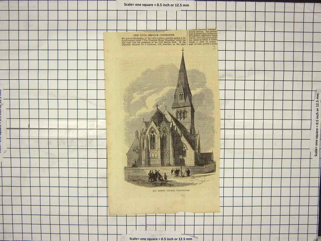 Original Old Antique Print All Saints Church Nottingham England Architecture