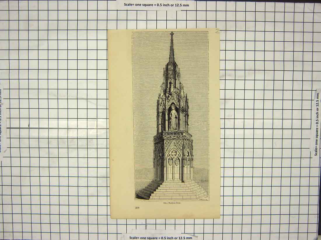 Original Old Antique Print Waltham Cross England Architecture