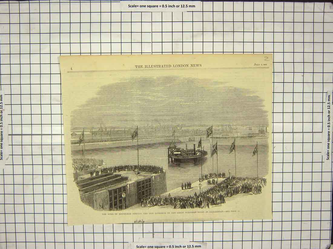Original Old Antique Print Duke Edinburgh Great Northern Docks Birkenhead 1865