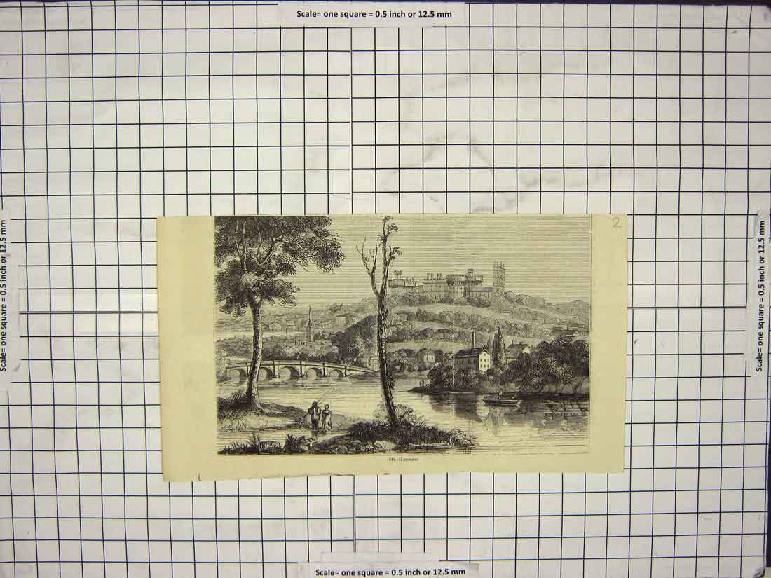 Old Antique Print View City Lancaster England River Fishing Bridge Castle