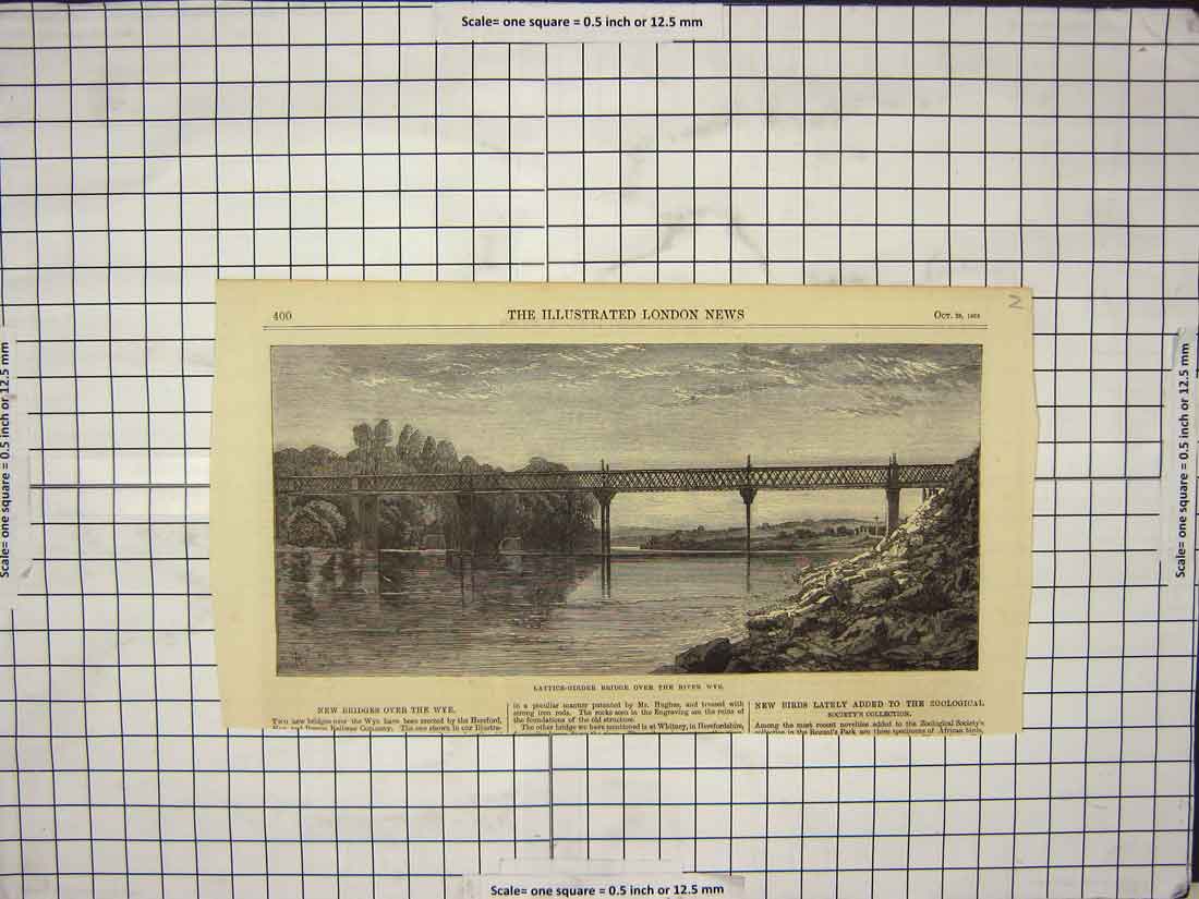 Original Old Antique Print 1865 Lattice-Girder Bridge River Wye Engineering