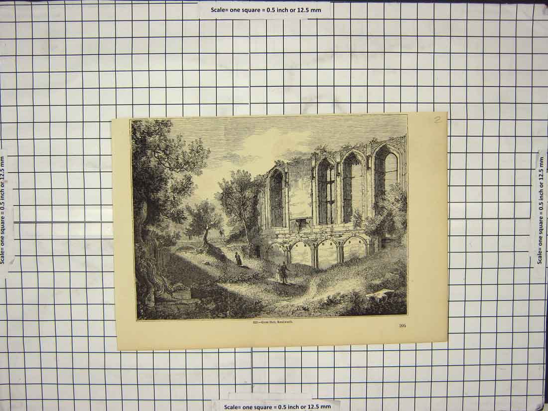 Original Old Antique Print Ruins Great Hall Kenilworth England Architecture